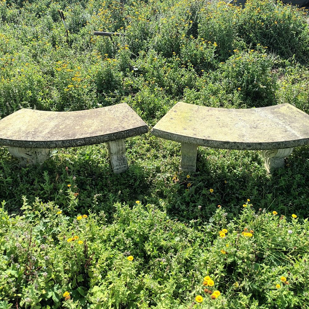 A Pair Of Curved Stone Garden Benches
