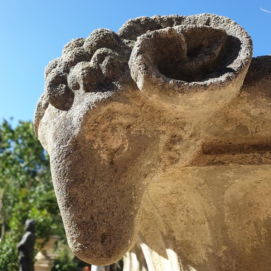 A Pair Of Rams Head Urns On Plinths