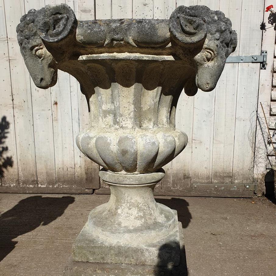A Pair Of Rams Head Urns On Plinths