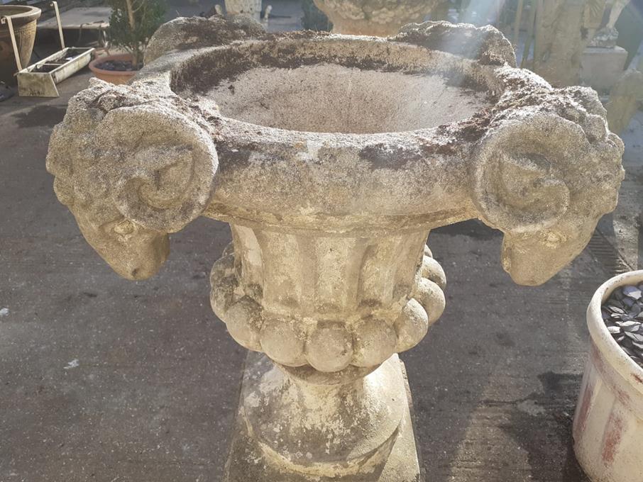 A Pair Of Rams Head Urns On Plinths