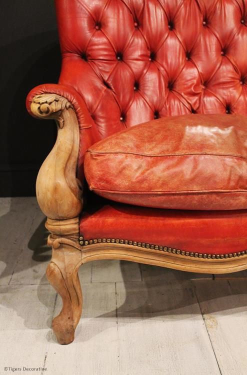 French Red Leather Chesterfield Sofa