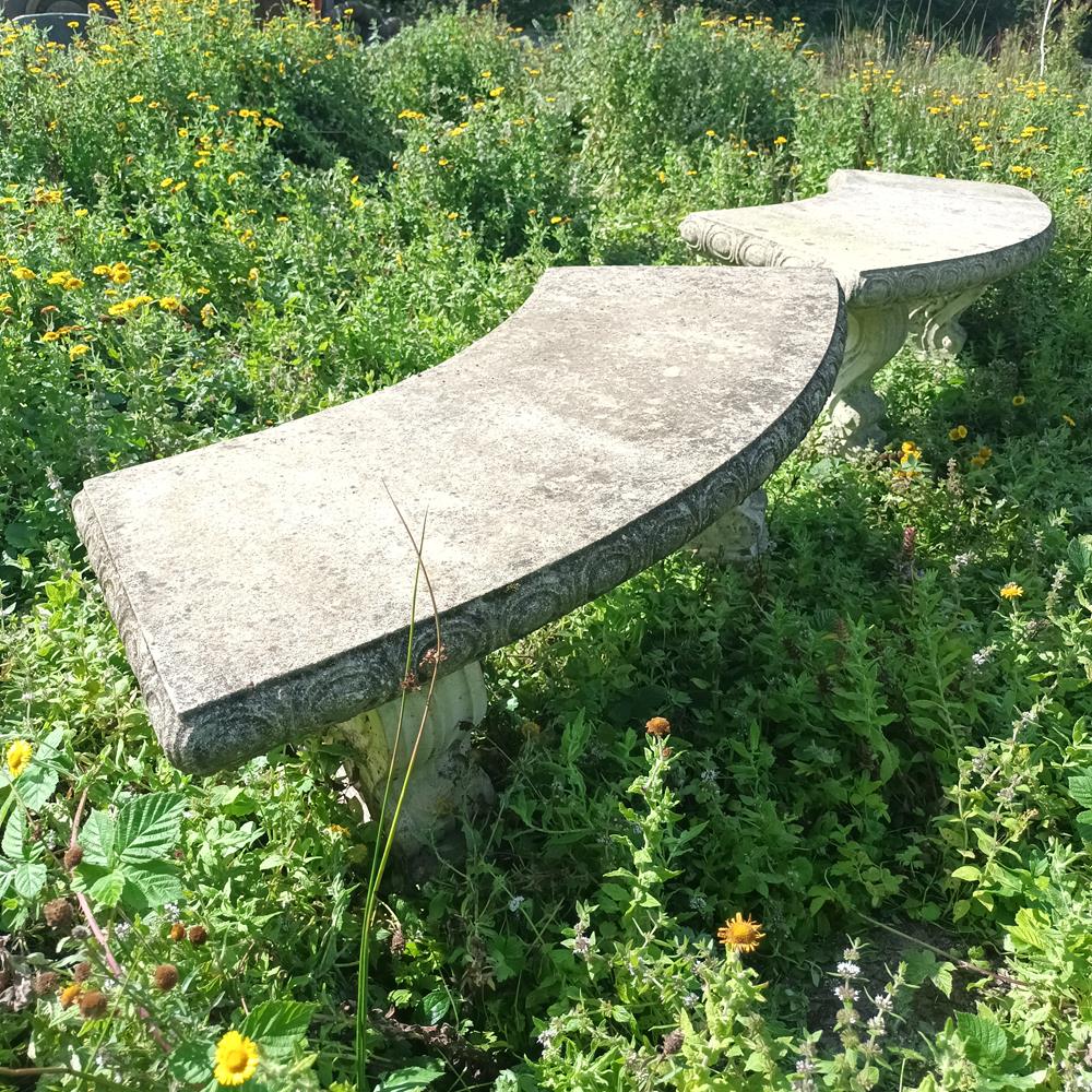 A Pair Of Curved Stone Garden Benches