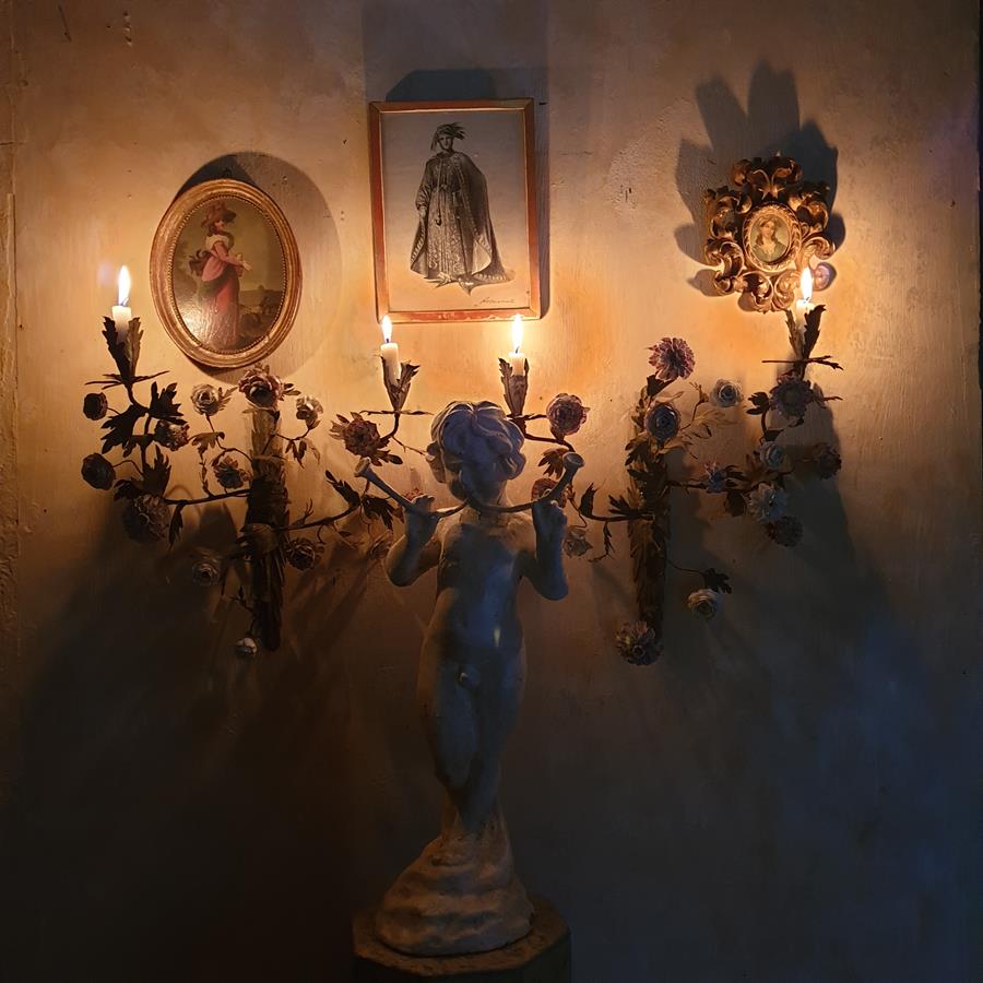 A pair of French painted tôle and porcelain wall-lights