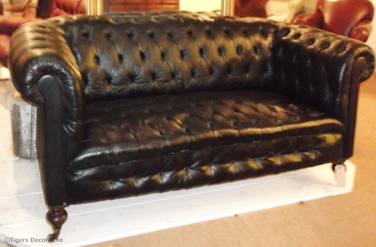 Early 20th Century Victorian Black Leather Chesterfield Sofa