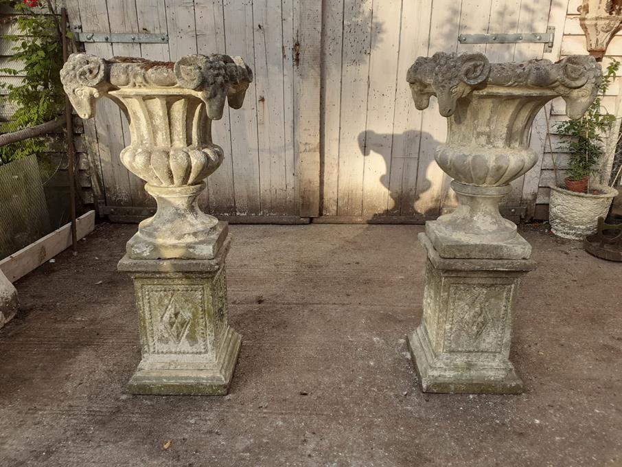 A Pair Of Rams Head Urns On Plinths