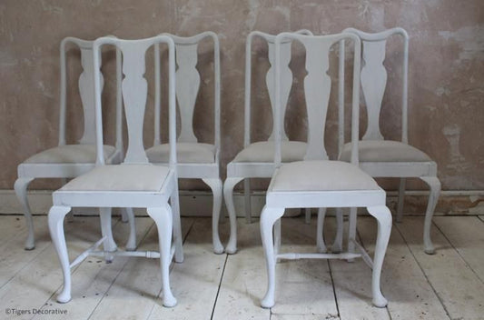 Set Of Six Mid 20th Century Painted Dining Chairs With Linen Seats