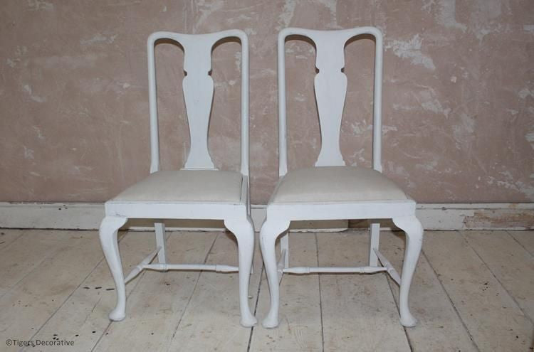 Set Of Six Mid 20th Century Painted Dining Chairs With Linen Seats