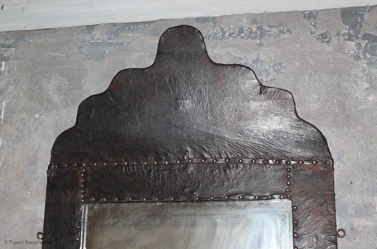 Early 20th Century Leather & Steel Studded Mirror