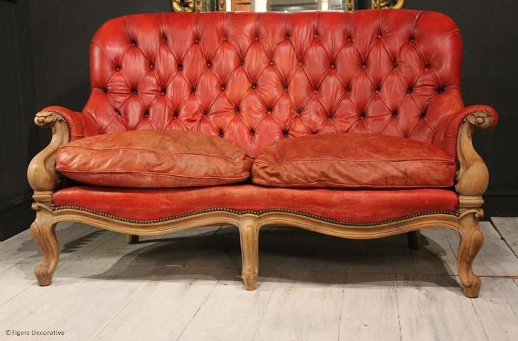 French Red Leather Chesterfield Sofa