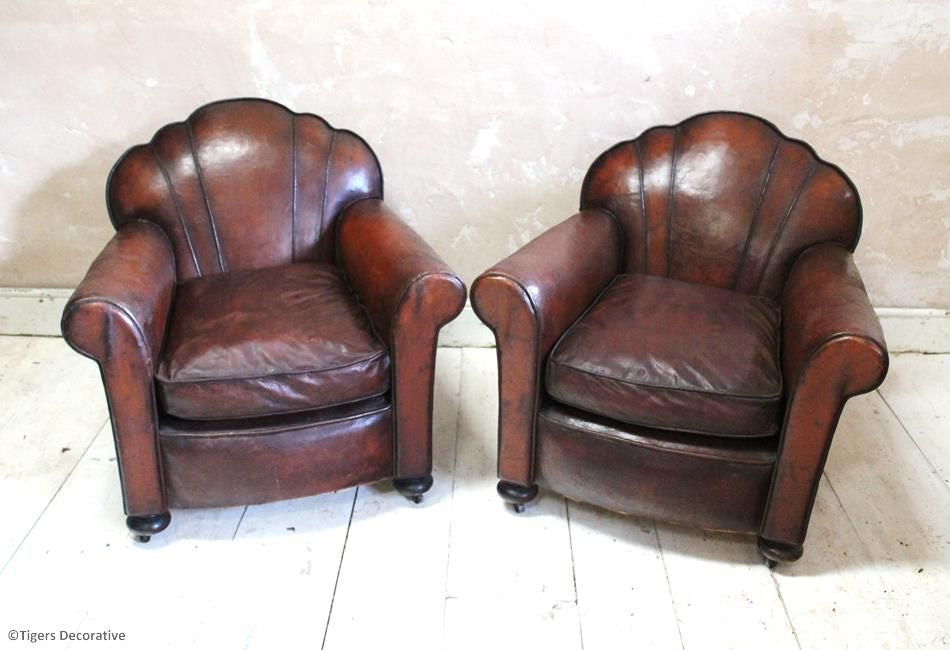 Pair of 1930's Art Deco Leather Club Chairs