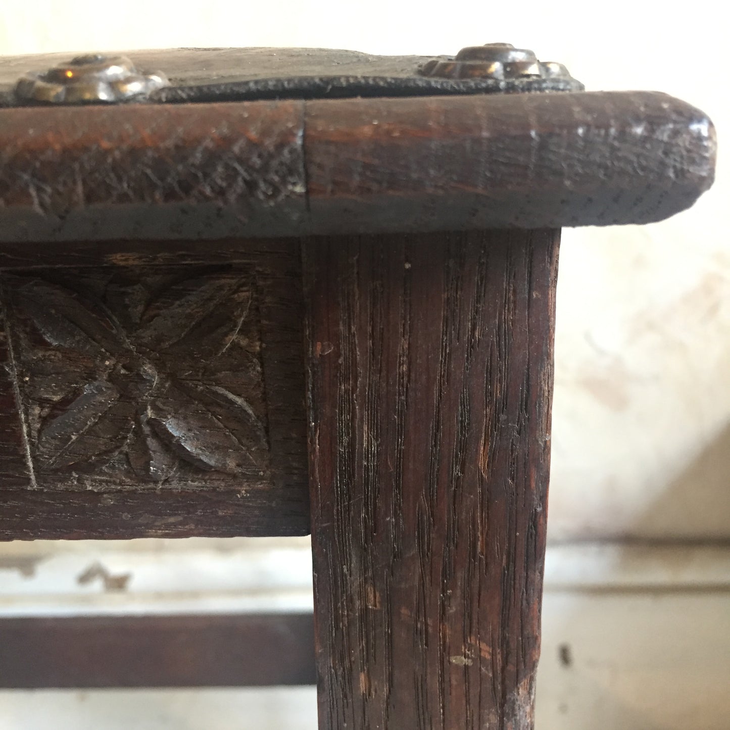 Carved Oak & Embossed Leather Stool